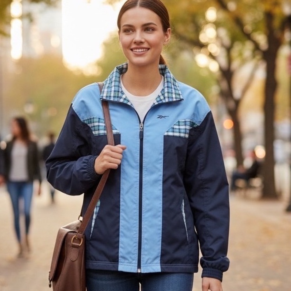 Reebok Windbreaker Jacket Womens S Blue Excellent Plaid Colorblock Full Zip